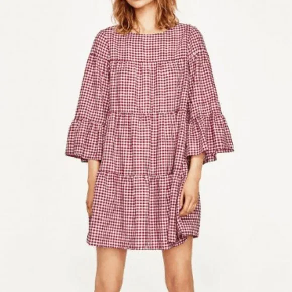 strapless open back dress Red gingham summer dress zip front – Village Sports main image 0
